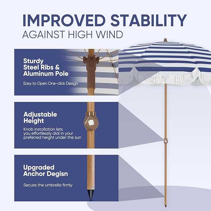 Tempera Heavy Duty High Wind Beach Umbrella with Sand Anchor & Carry Bag | Patio Outdoor Umbrella with Aluminum Frame and Push Button Tilt, Ideal for Travel Garden Lawn, UPF 60+