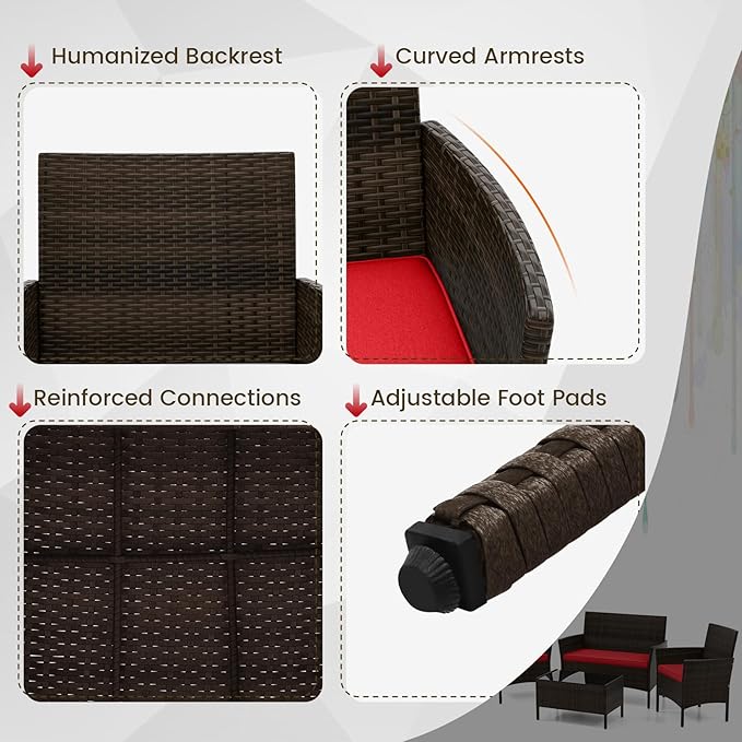 DORTALA 4-Piece Rattan Patio Furniture Set, Outdoor Table & Chair Set with Tempered Glass Coffee Table, Cushion, Wicker Conversation Set for Garden, Lawn, Poolside and Backyard, Red