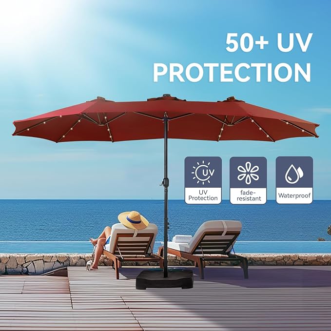 GREEN PARTY 15 ft Large Outdoor Patio Umbrella with Solar Led Lights & Base Included, Double-Sided Rectangular Table Umbrella with Stand, Market Umbrellas for Deck Poolside Garden Backyard, Red