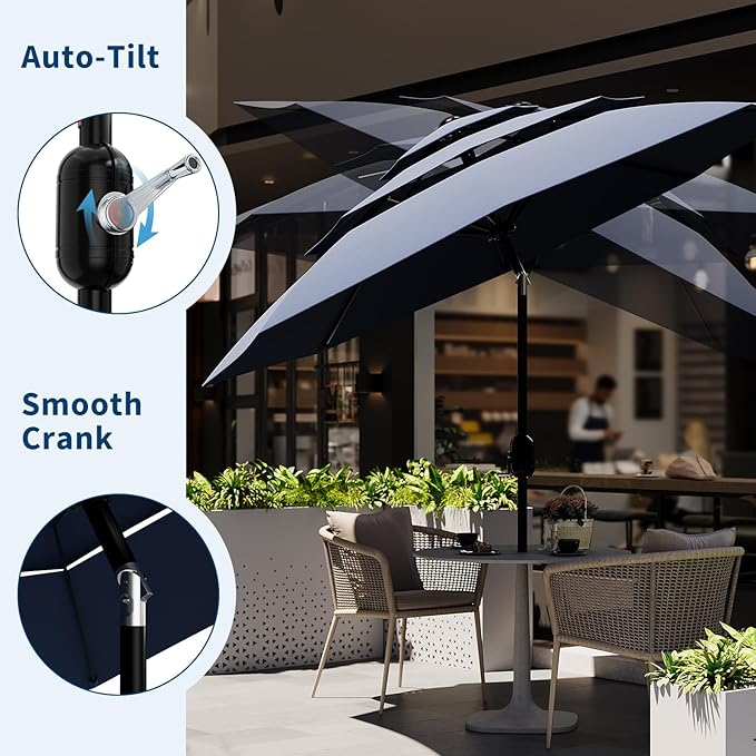 Garvee 10Ft 3-Tier Patio Umbrella, Outdoor Table Umbrella with Vents, Easy Crank and Push Button Tilt, Market Umbrella with 8 Sturdy Ribs for Pool, Deck, Yard, Garden -Navy Blue