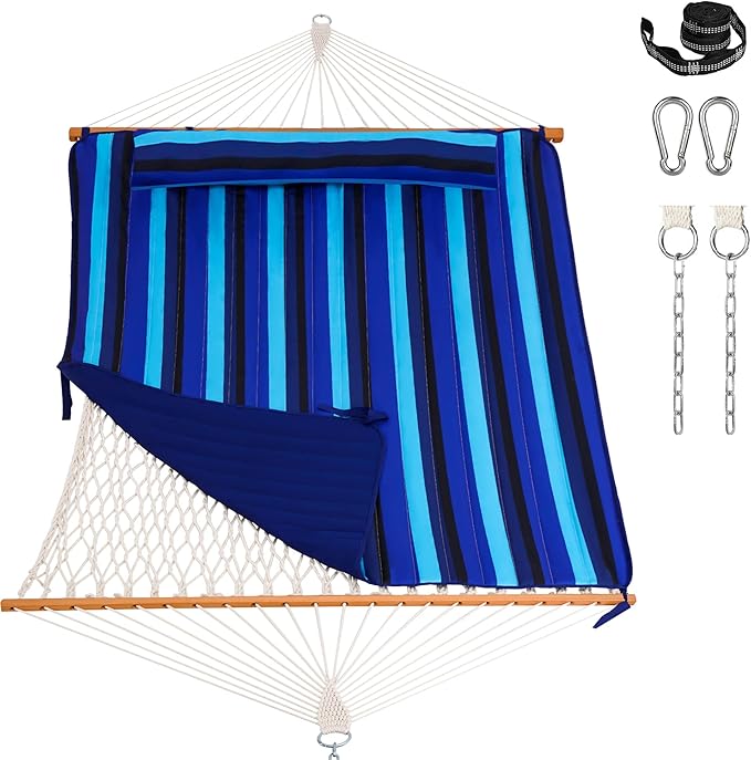 Lazy Daze Hammocks Rope Hammock with Pad, Spreader Bar, Carabiners, Tree Straps, Chains for Outside Patio- Max 450 Lbs, Navy Blue Stripes