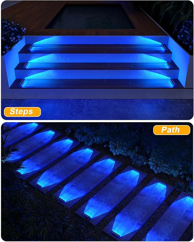 DetarZinLED Solar Step Lights for Outside, 2 Pack Solar Stair Lights, Blue Outdoor Deck Light Waterproof, Outdoor Light Solar Powered for Deck, Dock, Pathway, Porch, Path, Ground, Backyard
