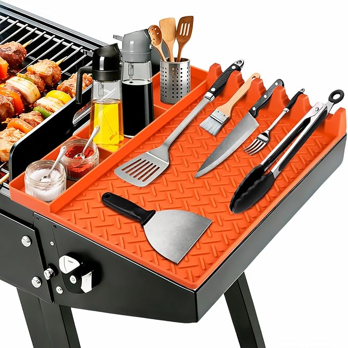 Silicone Grill Tool Mat for Blackstone, BBQ Griddle Mat with Drip Pad, Side Mats for Blackstone Griddle Accessories, Heat Resistant Spatula Mats for Outdoor Kitchen Counter, Gifts for Men (Orange)