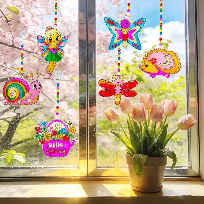 32 Sets Spring Flower Suncatcher Kit Butterfly Suncatchers DIY Window Art Kit Paint Sun Catcher Ornaments for Spring Easter Home Activity Art Craft Project Birthday Party Favors