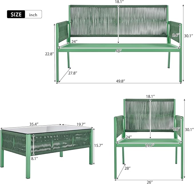 K&K 4-Piece Rope Patio Furniture Set, Outdoor Furniture with Tempered Glass Table, Patio Conversation Set Deep Seating with Thick Cushion for Backyard Porch Balcony (Fluorescent Yellow & Green)