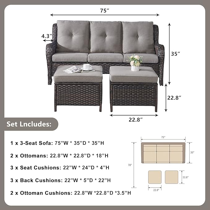 Rilyson 3 Piece Wicker Patio Furniture Set - Outdoor Rattan Patio Comversation Set with 1 Sofa and 2 Ottomans for Outside Porch Deck Garden(Brown/Grey)