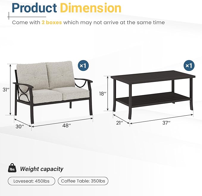 RoyalCraft Outdoor Patio Furniture Set, 2 Piece Patio Conversation Set, Metal Furniture Set with Loveseat for Porch Backyard, Khaki Metal Chair with Beige Cushions