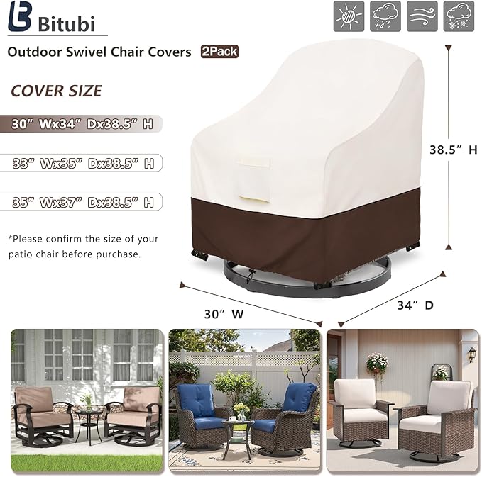 Bitubi Waterproof 2 Pack Outdoor Swivel Chair Cover for Patio Chair Size Up to 30W x 34D x 38.5H inch,Outdoor Lawn Patio Furniture Covers (Brown)