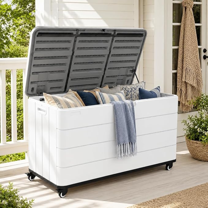 ADDOK 110 Gallon Outdoor Deck Box with Wheels, Large Waterproof Resin Storage Box with 2 Locking Casters, Lid Support Rod and Lockable Lid, Patio Cushion Storage Bench, White