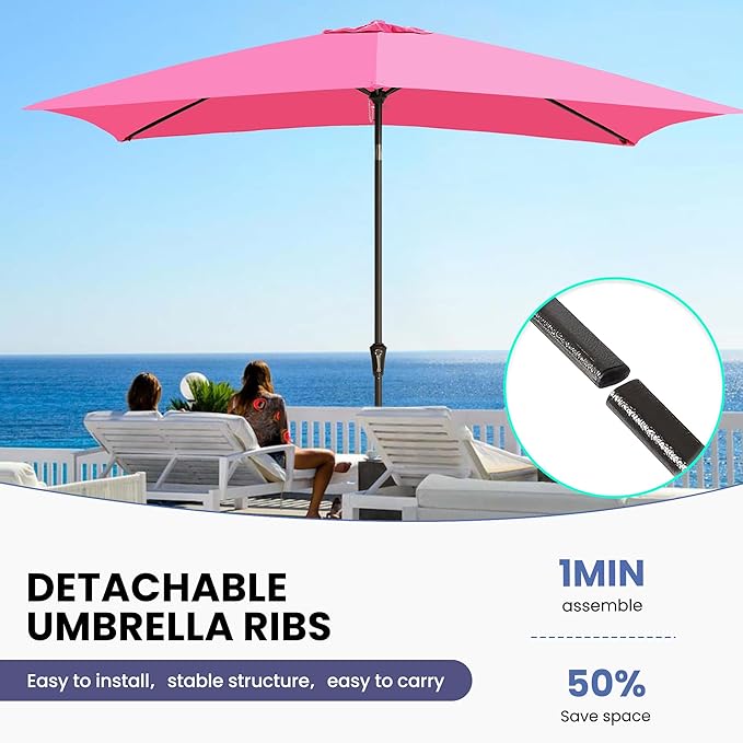 Ayge 6.5x10FT Rectangular Patio Umbrella Outdoor Table Umbrella w/Push Button Tilt & Crank Rectangle Market Umbrella UV Protection for Garden,Deck,Lawn,Yard & Pool,Rose Pink