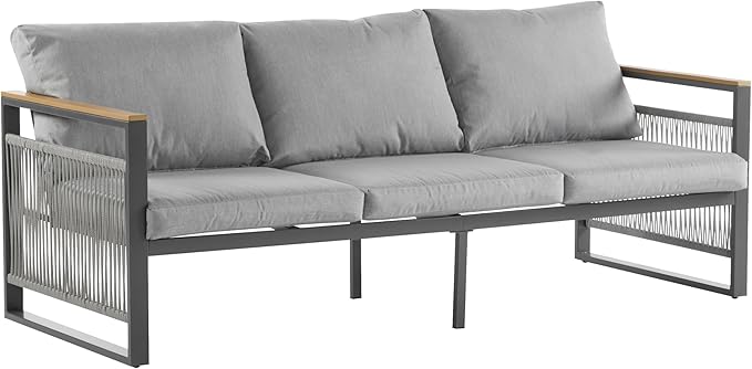 Christopher Knight Home Lena Patio 4 Pieces Conversation Set, Rope Woven Club Chairs and 3 Seater Sofa, Metal Frame Armchair, Slat Panel Coffee Table, Furniture Set for Backyard Garden Poolside, Gray