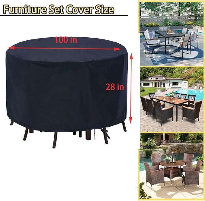 POMER Patio Furniture Covers, 90 inch Round Bar Height Table Chair Set Cover Waterproof Outdoor Table Cover for Garden Furniture Set - 90" D x 28" H