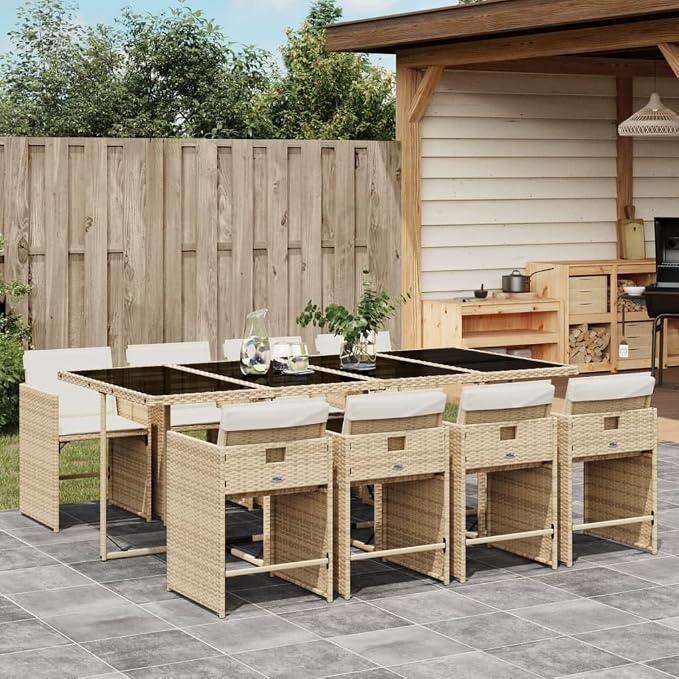 9-Piece Patio Dining Set, 8-Seater Garden Furniture with Cushions, Space-Saving Foldable PE Rattan Chairs and Tempered Glass Table, Beige
