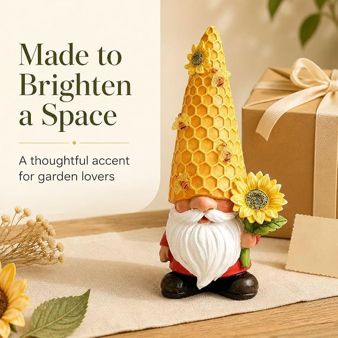 12.3''Garden Sunflower Gnomes Outdoor Statues Clearance for Garden Decor with Solar Bee Lights,Summer Decorations Gnomes Outside Decor - Gifts for Mom Woman,Yard Art Ornament for Patio Lawn