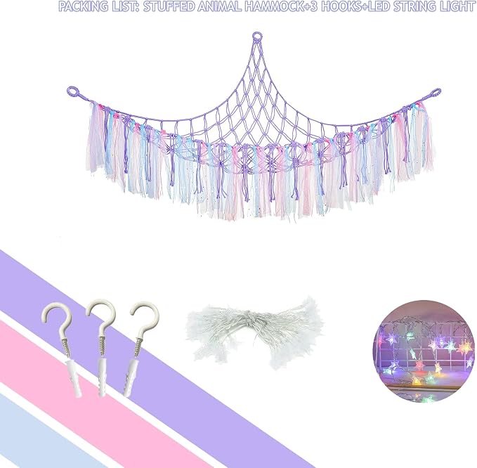 Macrame Stuffed Animal Hammock with LED Lights - Purple Hanging Corner Storage Net for Bedroom Plushie Organization