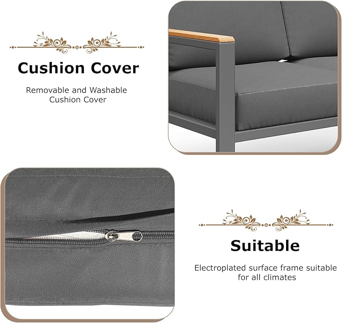 4-Piece Outdoor Patio Furniture Set, Metal Conversation Sofa Set with Deep Cushions & Wood-Like Armrests, Modern Patio Seating with Coffee Table for Garden, Porch, Balcony, Backyard (Black)