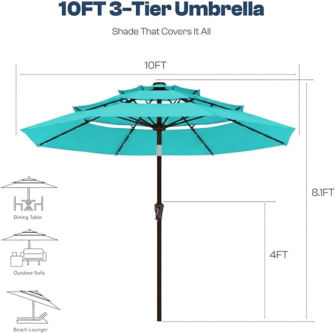10ft 3-Tier Patio Umbrella with 32 Solar Powered LED Lights, Windproof Outdoor Market Umbrella for Deck, Poolside & Garden, Sturdy Push-Button Tilt Table Umbrella, Aqua Blue