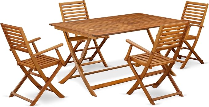 East West Furniture AEBS5CANA 5 Piece Patio Garden Table Set Includes a Rectangle Outdoor Acacia Wood Dining Table and 4 Folding Arm Chairs, 36x60 Inch, Natural Oil
