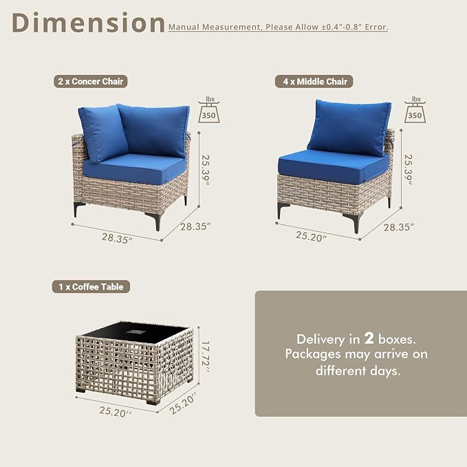 7 Pieces Patio Sectional Furniture Set, Outdoor Wicker Sectional Couch with Solar Lights Table, Modern Conversation Set for Porch Balcony Backyard, Navy Blue