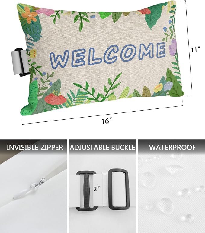 Outdoor Pillows Covers with Inserts Spring Florals Grass Leaves Welcome Waterproof Recliner Pillow with Adjustable Strap Throw Pillows for Patio Furniture Pool Lounge Chair, 11x16 inch, 1PCS
