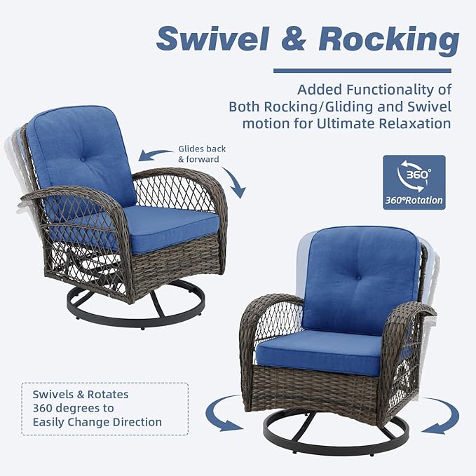 EROMMY 3 Pieces Outdoor Swivel Rocker Patio Chairs, 360 Degree Rocking Patio Conversation Set with Thickened Cushions and Glass Coffee Table for Backyard, Navy Blue