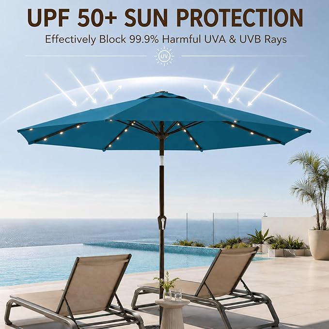 11FT Solar Lighted Patio Umbrella, Outdoor Table Market Umbrellas with Crank Lift, 32 LED Lights, 8 Sturdy Ribs, UV-Resistant for Deck, Garden, Pool