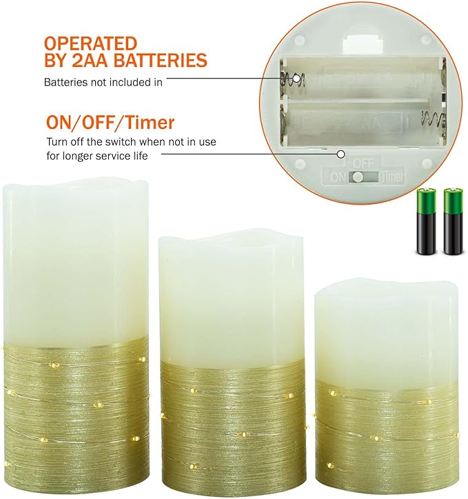H-BLOSSOM Flickering Flameless Candles Ivory Real Wax Pillar with Embedded String Lights LED Candles Battery Operated with 10 Key Remote and Cycling 5H Timer Set of 3 (3" x 4"/5"/6") (Gold)