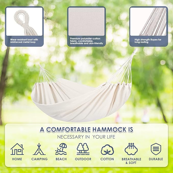 Gold Armour Brazilian Style Hammock with Tree Straps for Hanging, Portable Single Double Hammock for Camping, Outdoor, Indoor, Patio, Backyard (Beige White)
