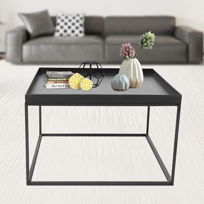 Tray Metal End Table, Sofa Table Small Side Table, Accent Coffee Table, Waterproof Outdoor & Indoor Snack Table, 23.2" L x 23.2" W x 14.2" H, Black