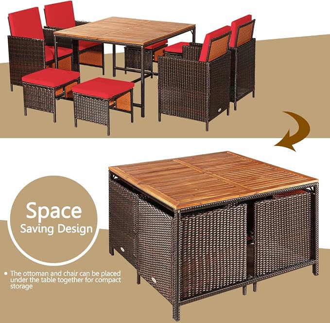 RELAX4LIFE 9-Piece Outdoor Dining Set - Patio Wicker Furniture Set w/Acacia Wood Tabletop, Soft Seat & Back Cushions, Dining Table & Chair Set for Backyard, Poolside (Red)