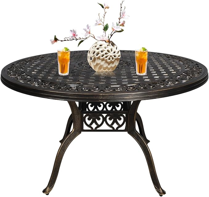 48" Cast Aluminum Outdoor Dining Table,Dining Conversation Side Table, Patio Bistro Table with 2.36" Umbrella Hole for Backyard, Garden, Patio, Porch