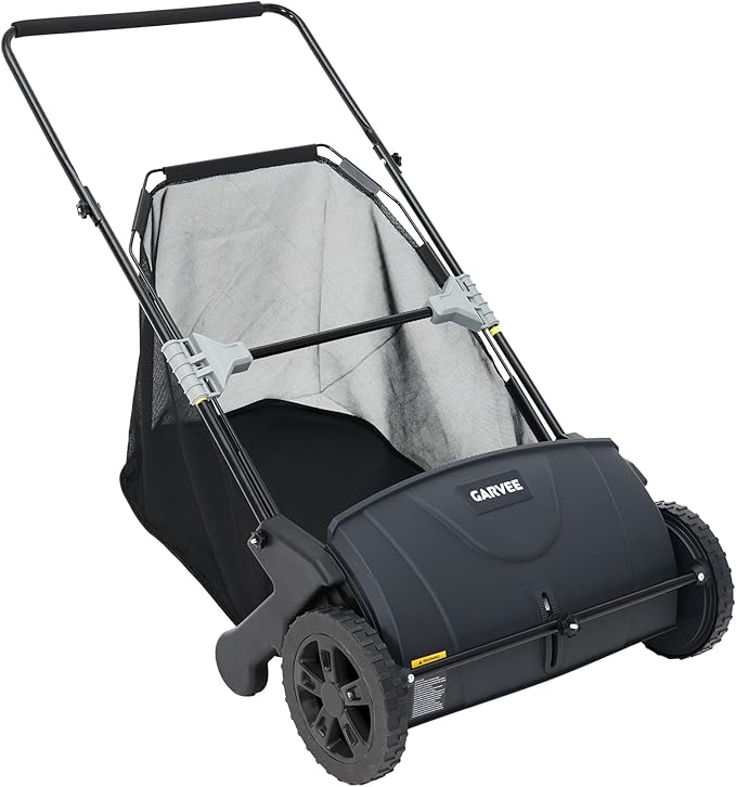 Garvee 21-Inch Push Lawn Sweeper, 3.5 Cu. Ft. Hopper Leaf & Grass Collector, 4 Spinning Brushes, Adjustable Brush Height, Manual Yard Sweeper for Grass Clippings, Leaves & Light Debris, Black