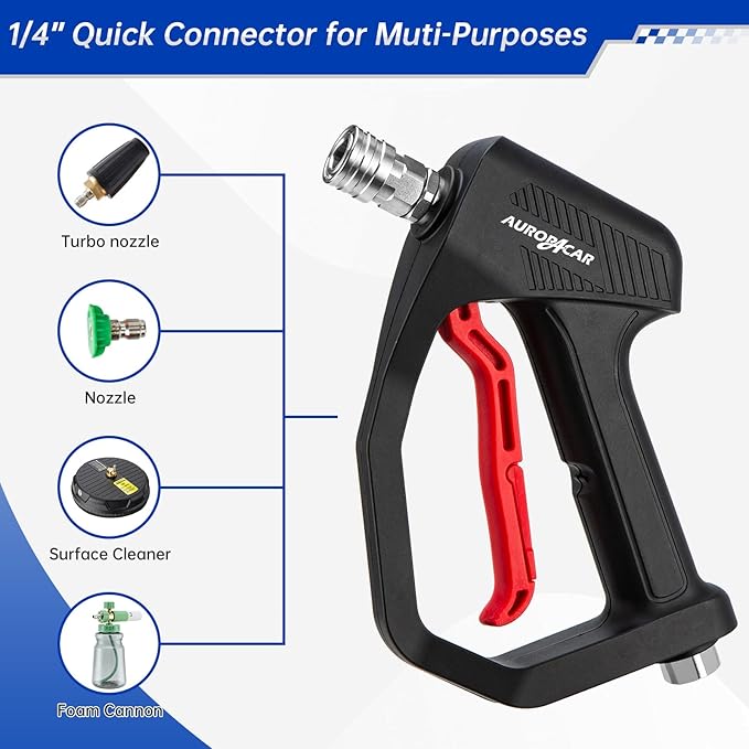 AURORA CAR 4350 PSI Short Pressure Washer Gun, 1/4” Quick Connector High Pressure Washer Gun with 3/8" Male Plug and M22-14 Fitting, Power Washer Gun Compatible with Foam Cannon, Car Wash Foam Gun