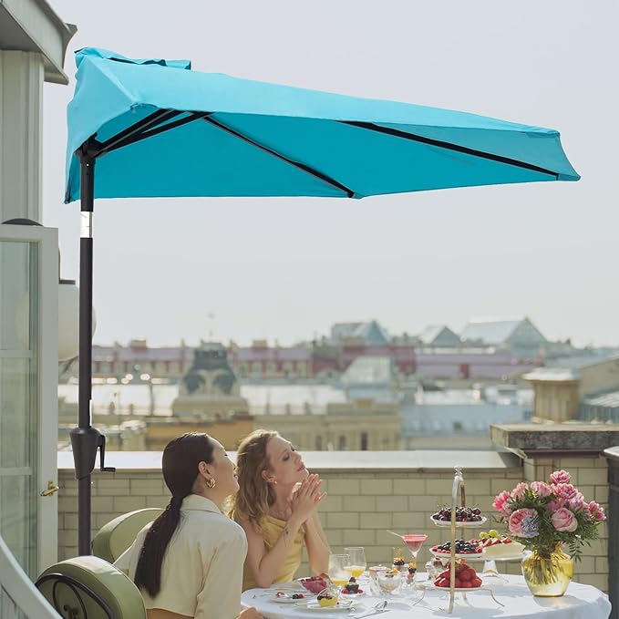 C-Hopetree 9 ft Half Round Outdoor Patio Market Wall Umbrella with Tilt, Aqua Blue