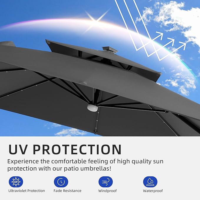 JZAC & QZYD 9x9 FT Outdoor Cantilever Patio Umbrella with Base Included and Solar LED Lights, Large Heavy Duty 2-Tier Square Aluminum Offset Umbrellas with 360-Degree Rotation for Pool Deck, Grey