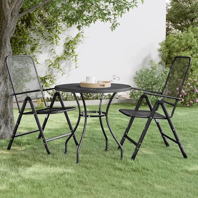 Modern Round Outdoor Garden Table, 31.5 Inch Anthracite Metal Mesh Patio Dining Table, Sturdy Iron Bistro Table for Backyard, Balcony, Deck, Seats 4