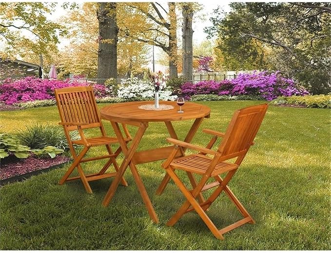 Pemberly Row Outdoor Folding Patio Dining Set, Acacia Wood, Natural Oil Finish, Round Table and 2 Chairs, Compact Space-Saving Design, Slatted Chair Backs, Easy-to-Clean for Balcony or Small Patio Use