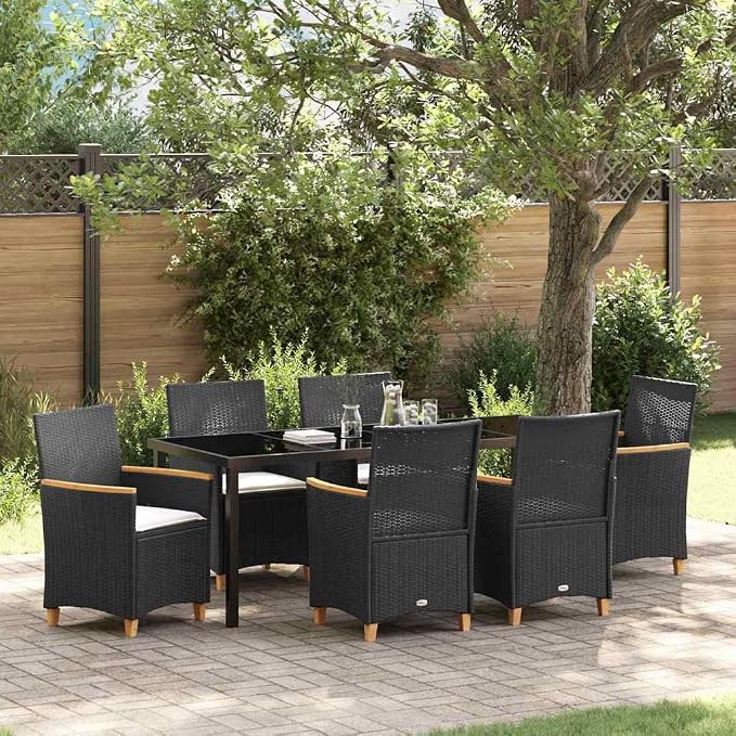 7-Piece Outdoor Dining Set, Black Poly Rattan Patio Furniture with 6 Chairs and Glass Tabletop for Garden, Backyard, and Terrace