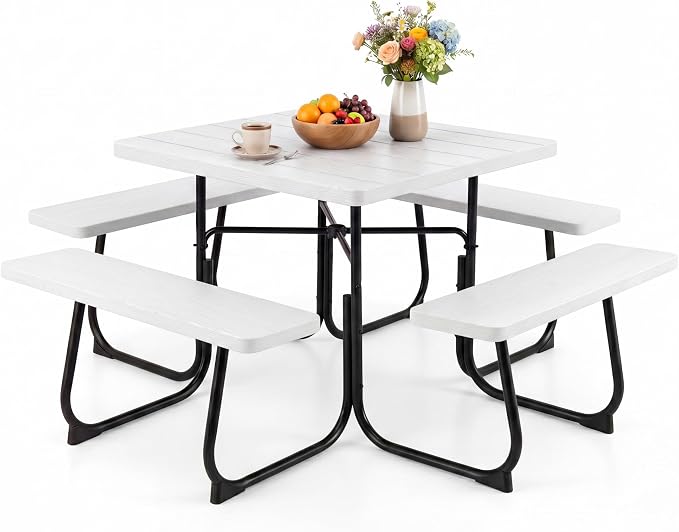 GYMAX Picnic Table Bench with Umbrella Hole, 8 Person Square Outdoor Picnic Table with Metal Frame & HDPE Tabletop, Camping Table for BBQ Yard Patio, 2300LBS Capacity (White)