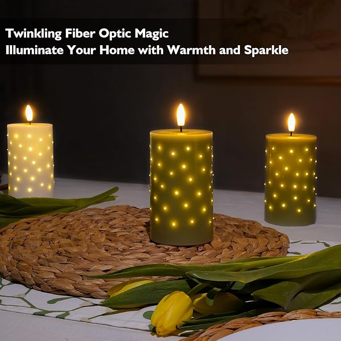 Rhytsing Sage Green Fiber Optic Real Wax Flameless Candles with Remote, Battery Operated Decorative Pillar Candles for Spring and Summer, Christmas Gift Set with Batteries, H 5 inches - Set of 2
