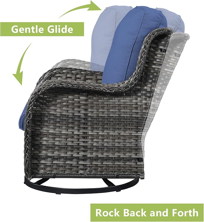 Rilyson Wicker Patio Furniture Set - 6 PC Rattan Outdoor Sectional Conversation Sets with 2 Swivel Rocking Chairs,2 Ottomans,1 Sofa and 1 Coffee Table for Porch Deck(Mixed Grey/Blue)