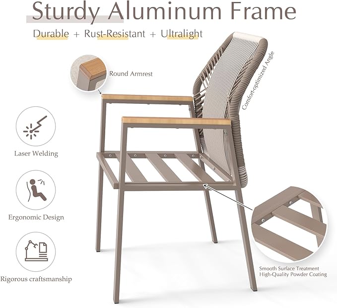 5 Pieces Aluminum Outdoor Dinning Set Featuring 1 Table and 4 Ratten Chairs Waterproof and Rust-Proof Courtyard Style Table Garden Balcony Poolside, Light Brown 5Pcs