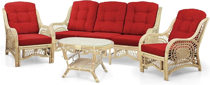 Malibu Lounge Set of 4: 2 Natural Rattan Wicker Chairs, Three-Seater Sofa with Cushions and Coffee Table with Glass Handmade, Natural Color