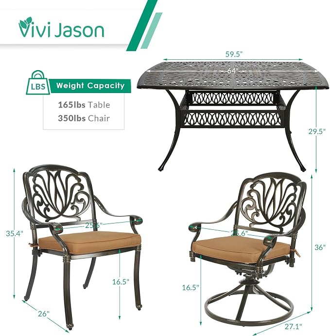 VIVIJASON 9-Piece Outdoor Furniture Dining Set, Cast Aluminum Patio Table and Chairs Set with 4 Stationary Chairs, 4 Swivel Rocker Chairs, 64" Large Square Dining Table, Umbrella Hole, Khaki