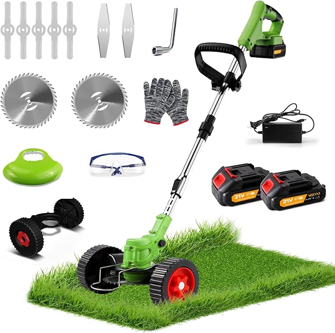 Cordless Garden Strimmers with Metal Blades, Electric Cordless 21v Grass Strimmer with 2 X 2000mAh Battery, Garden Trimmer Telescopic Lightweight with Roller, 850W, for Gardens Lawns Weeds Trimmer