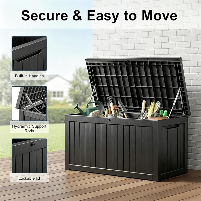 269 Gallon Large Outdoor Storage Box, Waterproof Deck Box with Lockable Lid, Resin Outside Storage Box for Patio Furniture, Pool Accessories, Garden Tools, Storage Bench for Backyard, Porch, Black