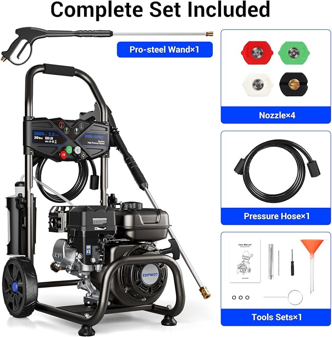 3500 PSI Gas Pressure Washer, 2.3GPM Gas Powered Power Washer with 209cc OHV Engine, Soap Tank, 25FT Pressure Washer Hose,Pressure Gun & 4 Nozzles for Cars/Driveways/Homes/Patios