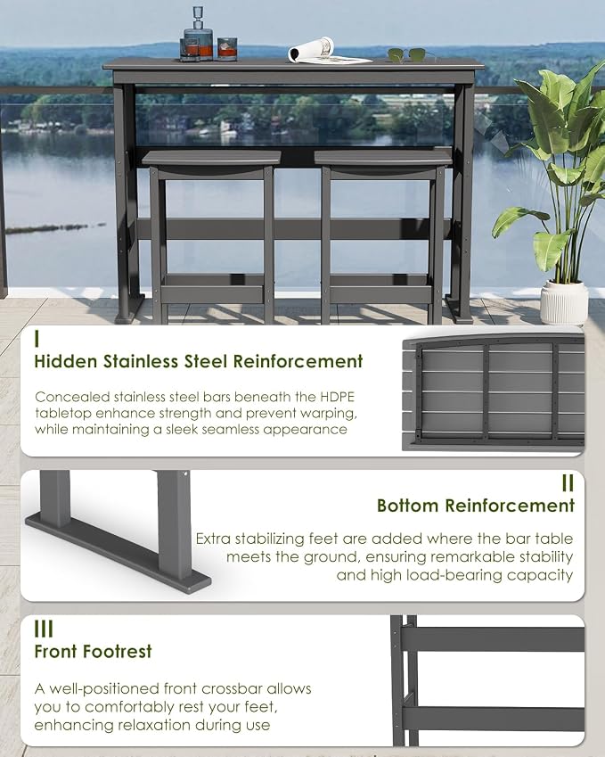 GREENVINES Outdoor Bar Set | HDPE Plastic | 3-Piece | 37″ Counter Height Patio Table & 2 Backless Stools | Rectangle | High Top | All Weather | for Backyard Balcony Poolside | Grey