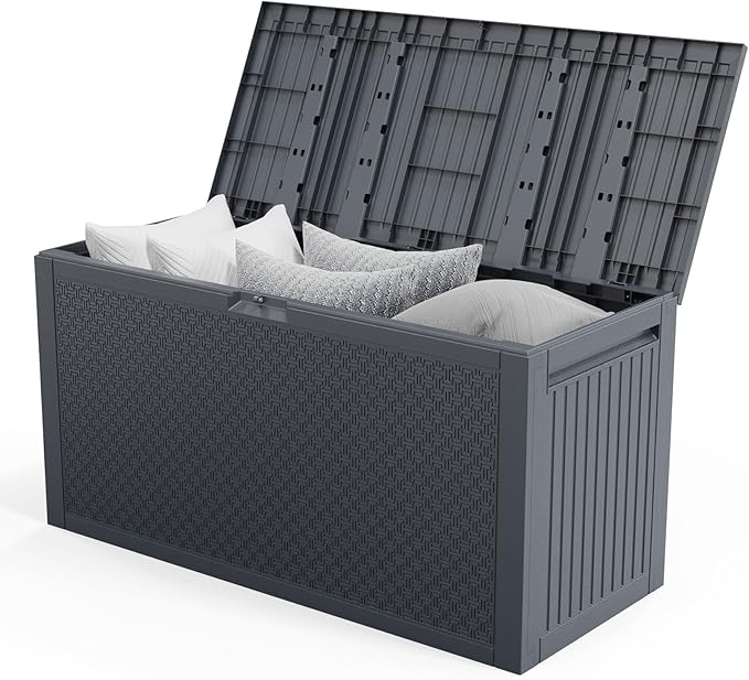 90 Gallon Large Outdoor Storage Box, Indoor and Outside Deck Box with Lockable Design Lids, Waterproof Resin Storage Containers Bin for Garden, Garage, Patio, Poolside, Toy Storage Grey