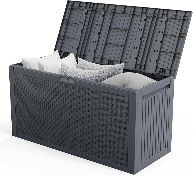 90 Gallon Outdoor Storage Deck Box with Wheels, Lockable Plastic Garden Chest for Tools, Cushions, Patio Accessories, Weather-Resistant Resin Storage Bench with Handles, Easy Assembly Grey